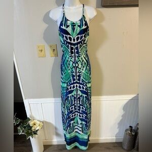 Sleeveless Blue & Green Printed Maxi Dress